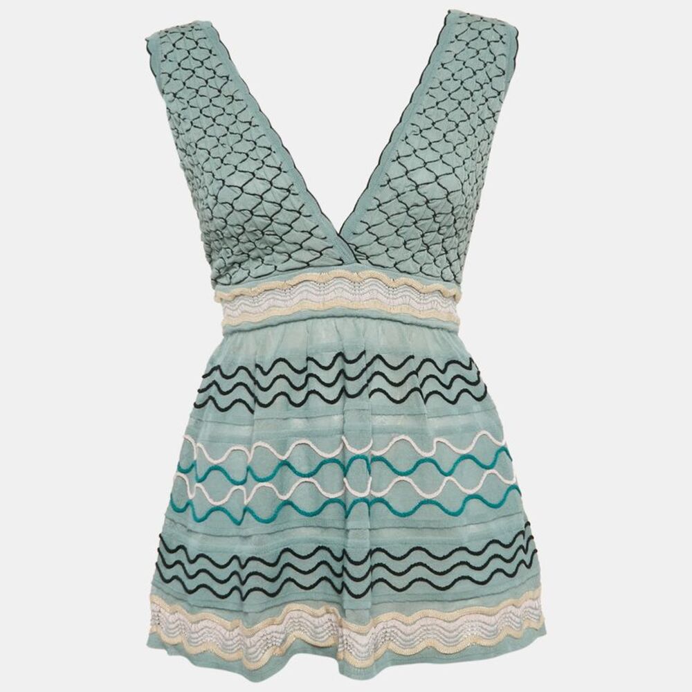 M Missoni Blue Patterned Knit V-Neck Flared Top L